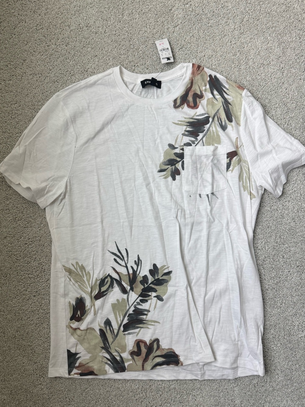 Express White Crewneck T-Shirt with Olive & Brown Floral Print